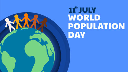 Celebrate World Population Day. People figure with different skin colors holding hands together and standing on the globe