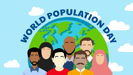 World Population Day 11th July. A group of people from different races standing in front of the globe Illustration 