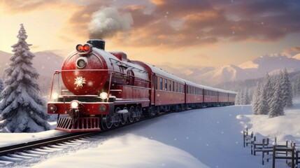 Christmas train against the backdrop of a winter landscape	