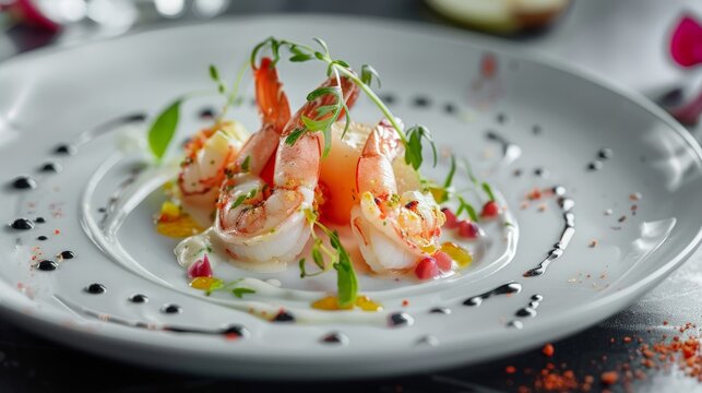 A delicious plate of shrimp with a tangy sauce and a side of fresh greens.