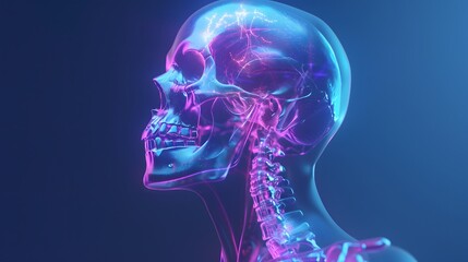 Naklejka premium Futuristic Digital Illustration of a Human Skull with Neon Lights and Glowing Neural Pathways