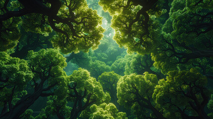 Aerial View of Fractal Forest Canopy with Sunlight Filtering Through