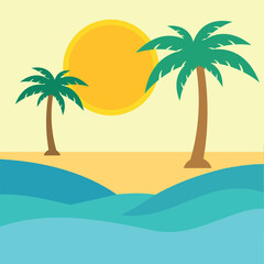 Tropical Beach Scene with Palm Trees and Sun - Vector Illustration