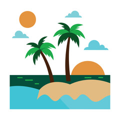 Tropical Island Sunset with Palm Trees and Ocean Waves - Vector Illustration