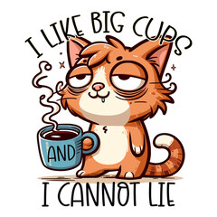 Cute cartoon cat with cup of coffee. Vector illustration.