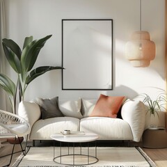 Stylish Living Room Decor: White Wall, Green Plant, and Metal Frame Picture for Modern Homes