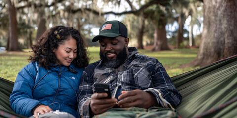 Fototapeta premium A multiracial couple enjoying a relaxing moment together in a hammock while looking at their smartphone in connection with nature. Rest, relaxation, togetherness, couple, sharing.