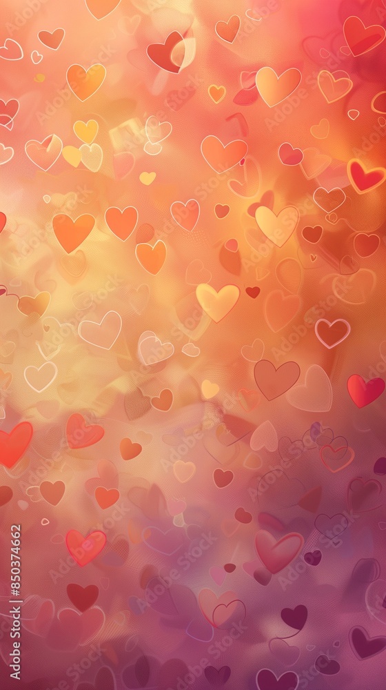Poster soft gradient background with transparent overlapping hearts in warm hues