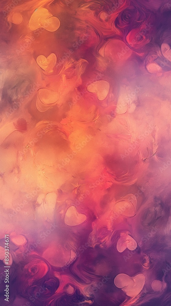 Poster soft gradient background with transparent overlapping hearts in warm hues