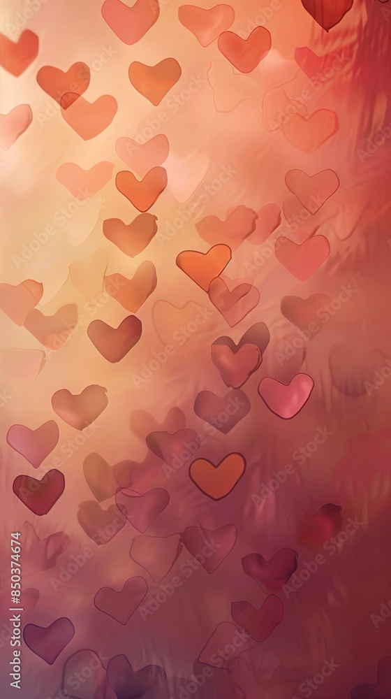 Poster soft gradient background with transparent overlapping hearts in warm hues