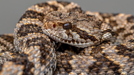 Obraz premium Close-up portrait of a coiled rattlesnake with intricate scales