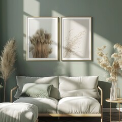 Gallery Wall Display: Mockup Featuring Two Portrait Frames with White Borders, Thin Gold Frames, Side Perspective, Muted Green Plants