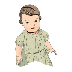 girl doll with light green dress, blue eyes and brown hair