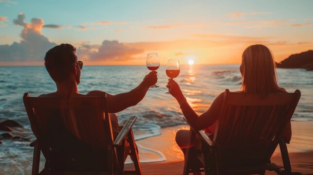 A couple toasting with glasses of wine while sitting on beach chairs during a romantic sunset