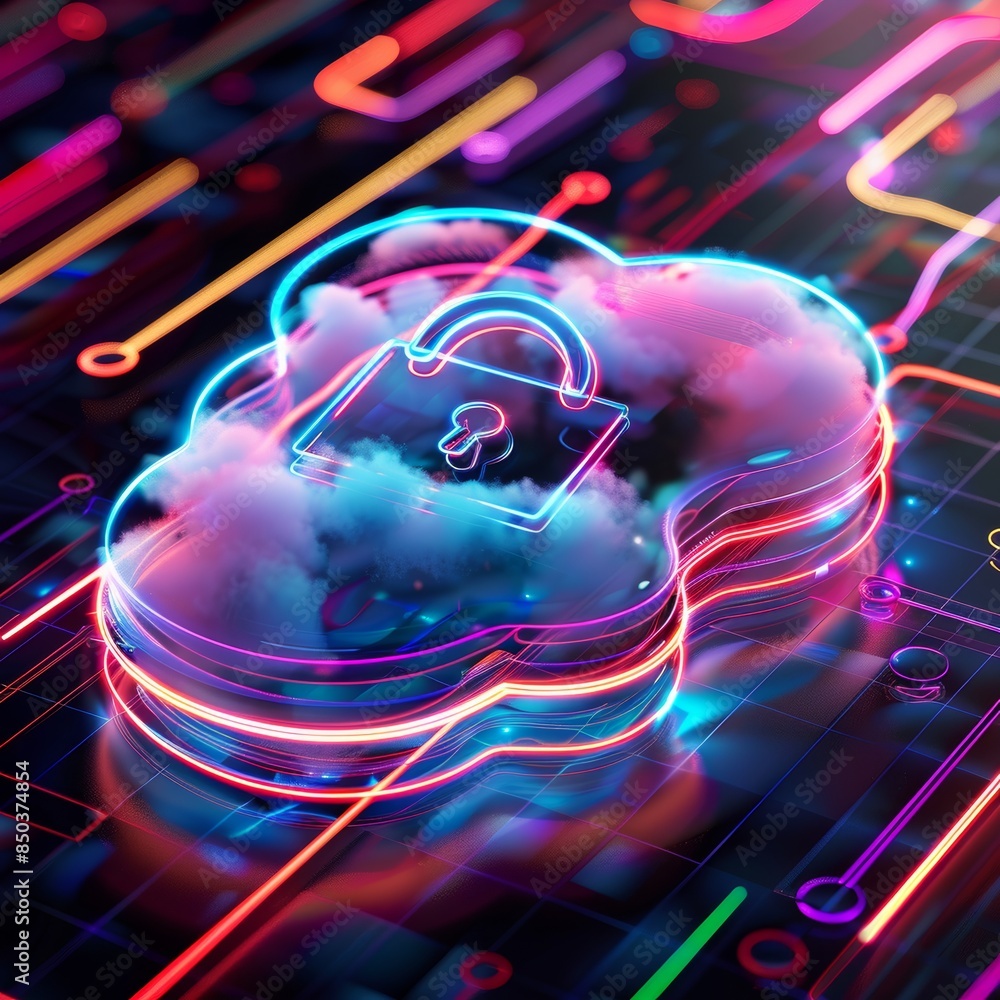 Aufkleber cybersecurity concept lock icon in cloud on neon grid with vibrant colors and abstract lines