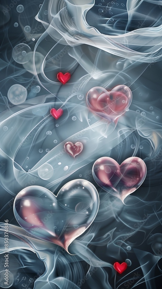 Poster abstract vertical background with gentle waves and heart shapes in dark and light tones