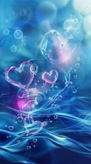 Obraz premium Abstract vertical background with gentle waves and soap bubble heart shapes in deep blue and pink colors