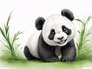 Obraz premium Playful Panda Cub Rolling on Back, White Background