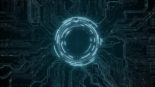 Animated circuit board. Digital technology background. Central computer processor CPU concept. Motherboard digital chip. PCB with free copy space for text or logo. Development 3D abstract backdrop