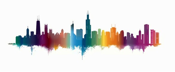 Colorful rainbow gradient skyline of Chicago featuring modern and iconic buildings