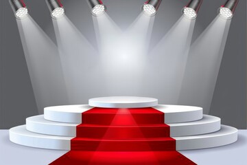 White podium with red carpet and spotlights on a stage for an award ceremony