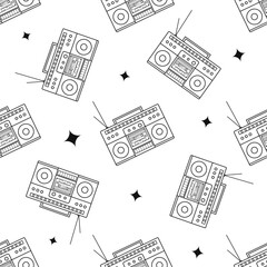 Classic y2k, 90s and 2000s aesthetic. Outline style retro boombox, audio recorder, vintage seamless pattern.