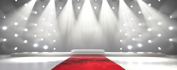 Red carpet on stage with white spotlight beams and podium for ceremonies and events