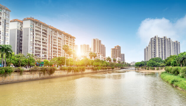 A high-rise apartment by the river in Zhanjiang, China.
