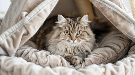A fluffy Persian cat lounging on a plush velvet pillow inside a luxurious cat tent