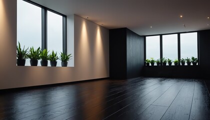 a black wall with a window that says potted plants