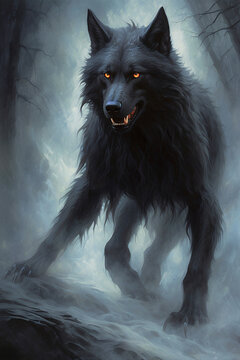 Scary Dark Dangerous Skinwalker Creature On The Hunt In A Misty Landscape 300 PPi High Resolution Cinematic Art Illustration