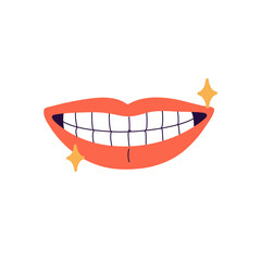 Red lips with healthy wide smile. Mouth with sparkling, shiny teeth. Oral hygiene, dental health, beauty and dentistry. Whitening of tooth. Flat isolated vector illustration on white background