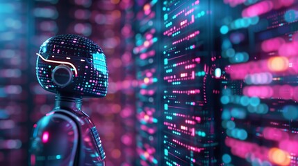 Futuristic AI coding agent concept with digital code, artificial intelligence, and tech innovation. Ideal for illustrating advanced technology, machine learning, and programming.