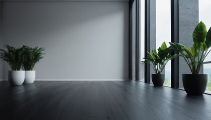 A large window in a room with a black wall and a plant in a pot. The room is empty and has a bright, sunny atmosphere