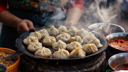 Fototapeta premium A street food vendor is cooking momos, a type of dumpling, in a large pan