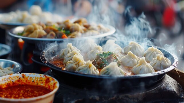 A steamer full of delicious momos, a popular South Asian dish.