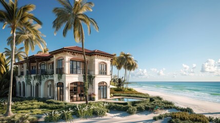 Obraz premium A luxurious beachfront villa with panoramic ocean views, palm trees swaying in the breeze
