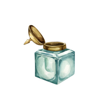 recommend clip art: vintage green glass inkwell with metal lid, watercolor illustration of historical theme, antique devices for writing, a symbol of poets writers and scientists on white background