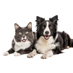 happy dog and cat sitting together, looking at camera isolated on white background