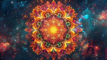 A mandala with bright colors and intricate patterns glows against a cosmic background full of stars. It is an image that attracts the eye with its harmony and complexity.