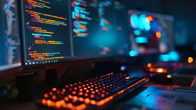 Abstract code lines on a screen with a glowing keyboard, representing the concept of learning to code in a modern, digital environment.