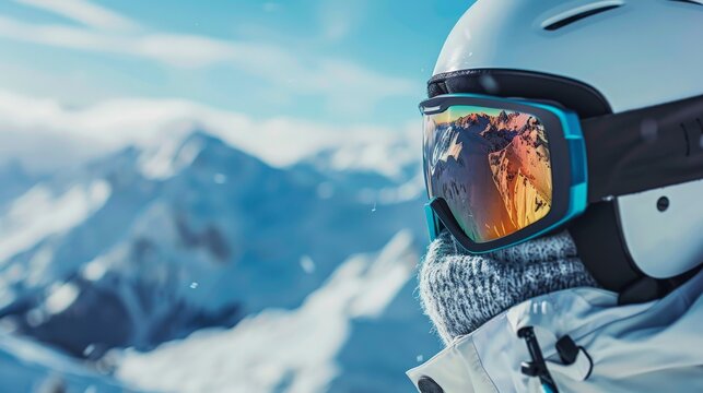 alone skier standing on the top of the snowy mountain and looking at the view