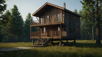 A simple brown wooden house is located in the middle of a green forest.
A short wooden terrace with stairs leads to the front door.