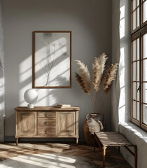 White Mockup Poster Frame in Boho Living Room with Wood Cabinet and Pampas Grass