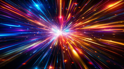 Obraz premium Turbulent, multi-colored streaks of light radiating from a central point on a dark background create a dynamic and energetic effect.