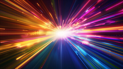 Turbulent, multi-colored streaks of light radiating from a central point on a dark background create a dynamic and energetic effect.