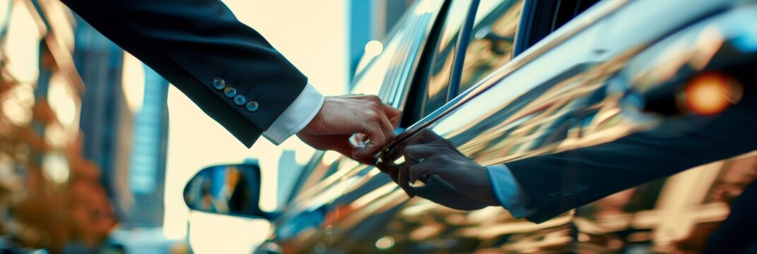 Businessman s hand opening sleek black limousine door with city skyline backdrop