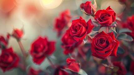 Macro shot of tiny red roses, focusing on the rich, deep red color and the fine details of each petal, set against a blurred background