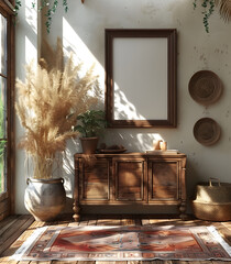 White Mockup Poster Frame in Boho Living Room with Wood Cabinet and Pampas Grass