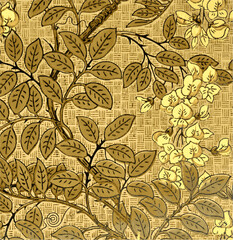 A floral pattern in browns and yellows with leafy vines and blossoms.